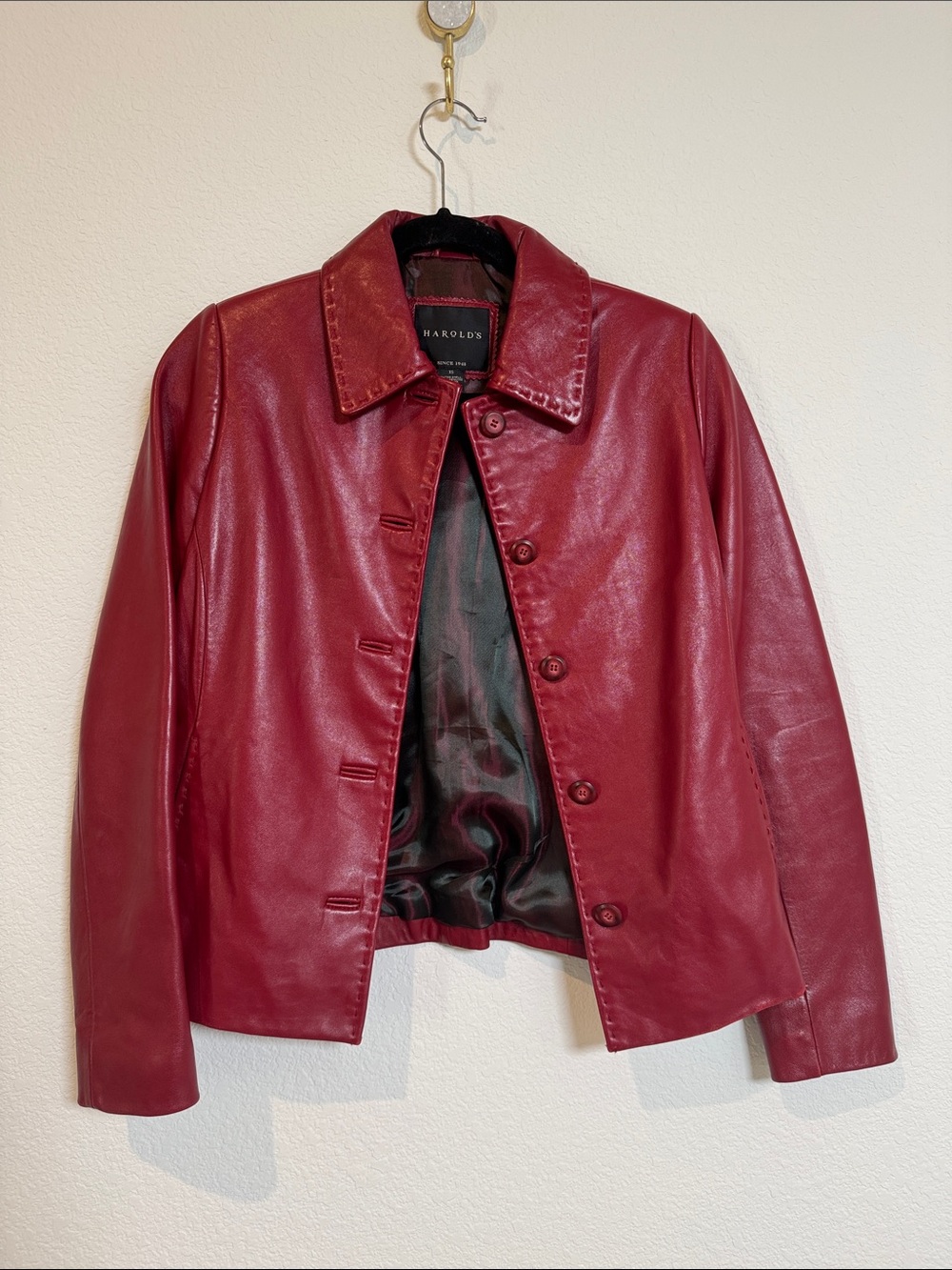 Harold's Deep Red Embroidered Soft Leather Button Down Jacket